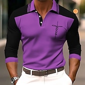cheap Men&#039;s Vintage Polo-Men&#039;s Faith Polo Shirts Golf Shirt Long Sleeve Polo Shirts Collared Shirts WorkWear Formal Wear Festival Wear Buttons 3D Print Fall &amp; Winter Blue Purple Orange