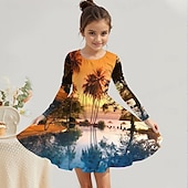 billiga 3D Shining Vision Klänning-Flickor 3D Grafisk Kokosnötsträd Klänning Långärmad Sommar Vår Semester Dagligen Helgdag Prinsessa Skön Ljuv Barn 4-12 år Vardagsklänning A linjeklänning Knälång Normal