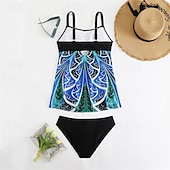 abordables Maillots une pièce et tankinis-Femme Tankini Maillot De Bain Deux Pièces Col en V Maillots de Bain Maillots de Bain Jaune Bleu Roi Respirable Séchage rapide Poids Léger Sans Manches - Natation Surf Plage Eté Printemps Grande Taille