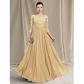 olcso Padlóhossz-A-vonalú Kölcsönanyai Ruha Elegáns Ékszer Nyak Padló Hosszú Chiffon Csipke 3/4 Hosszú Ujjú Ráncokkal Appliques