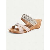 tanie Sandały damskie-eleganckie sandały damskie typu slip-on z błyszczącymi paskami – wygodne sandały na grubym obcasie na imprezy, wesela i specjalne okazje