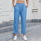 economico Pantaloni a gamba dritta-Per donna Jeans Pantaloni di lino Pantaloni Leggero Informale Lunghezza intera A vita medio-alta Liscio Tasche Traspirabilità Comodo Anelastico Interni Casual / quotidiano Blu cielo chiaro Blu marina