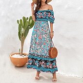 olcso Bohém ruhák-Női Hosszú ruha Maxi ruha hétköznapi ruha A vonalú ruha nyári ruha Boho ruha Elegáns Stílusos Etno Vakáció Napi Randi Normál Virágos Rövid ujjú Aszimmetrikus Világoszöld Rubin Medence Lóhere Nyár
