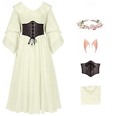 abordables Tenues-Rétro Vintage Médiéval Renaissance Robe Corset Tenues Ren Faire Viking Elfe Femmes Costume de Carnaval Celtique Fantaisie Halloween Carnaval Performance Soirée LARP Adulte Robe Corset Boucles