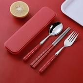 abordables Accessoires de camping-Ensemble d&#039;ustensiles de camping 3 en 1 en acier inoxydable avec couvercle en plastique réutilisable, ensemble de cuillères, fourchettes et baguettes portables pour pique-nique en camping