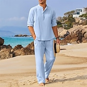 cheap Men&#039;s Basic Shirts Sets-Men&#039;s 2 Piece Shirt Set Summer Set Matching Sets Casual Shirt Plain Vacation Daily Black Gray Light Blue Long Sleeve Collar Summer Clothing Apparel