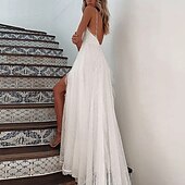 preiswerte Abschlusskleider-Damen Maxikleid Abschlusskleid Freizeitkleid A Linie Kleid Sommerkleid Stilvoll Sexy Urlaub Täglich Date Normale Passform Einfach Ärmellos V Ausschnitt Weiß Sommer