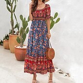 olcso Bohém ruhák-Női Hosszú ruha Maxi ruha hétköznapi ruha A vonalú ruha nyári ruha Boho ruha Elegáns Stílusos Etno Vakáció Napi Randi Normál Virágos Rövid ujjú Aszimmetrikus Világoszöld Rubin Medence Lóhere Nyár