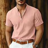 economico Strada-Per uomo Camicia camicia di lino Camicia con colletto a fascia Camicia popover Camicia estiva Abbigliamento mare Liscio Da mare Informale Nero Bianco Rosa Blu marino Manica corta Henley Estate