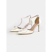 preiswerte Formell-Elfenbeinfarbene Brautschuhe mit T-Riemchen, Blumenapplikationen und Strasssteinen – klassische Hochzeitsschuhe für Damen