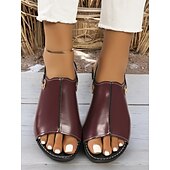 billiga Avslappnade sandaler-bruna sandaler i konstläder med öppen tå för kvinnor – lediga slingback-lägenheter med strassspänne för sommar och vardagsbruk