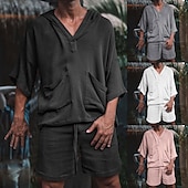 cheap Men&#039;s Tee Sets-Men&#039;s Linen Set Shorts and T Shirt Set 2 Pieces Outfits Short Sleeve Hooded Summer Solid Color Beach Wear Casual 2 Piece Front Pocket Vacation Casual Black Pink White Top Tee for Men