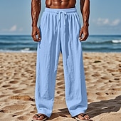 baratos Feriado-Homens Calças de linho Calças Calça verão Calças de praia Com Cordão Cintura elástica Perna reta Tecido Conforto Respirável Comprimento total Casual Diário Feriado Férias Moda Preto Branco