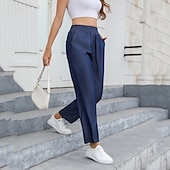 economico Pantaloni a gamba dritta-Per donna Jeans Pantaloni di lino Pantaloni Leggero Informale Lunghezza intera A vita medio-alta Liscio Tasche Traspirabilità Comodo Anelastico Interni Casual / quotidiano Blu cielo chiaro Blu marina