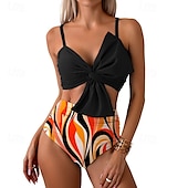 abordables Maillots une pièce et tankinis-Femme Tankini Maillot De Bain Deux Pièces V Profond Bretelles Croisées Maillots de Bain Floral Maillots de Bain Jaune foncé Noir / Blanc Respirable Séchage rapide Poids Léger Sans Manches - Natation