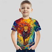 billiga Pojkens 3D-djur-Pojkar 3D Grafisk Lejon T-shirt Kortärmad Sommar Vår Mode Grundläggande Barn 4-12 år Rund hals Utomhus Ledigt Dagligen Normal
