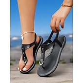 billige Uformelle sandaler-brune, flate sandaler i imitert skinn for kvinner med gullaksent og t-stroppdesign – behagelig og stilig for strand-, ferie- og fritidsklær