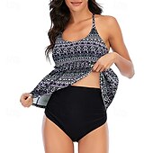 abordables Maillots une pièce et tankinis-Femme Tankini Maillot De Bain Deux Pièces Dos Nu Maillots de Bain Floral Maillots de Bain Bleu Ciel Noir Respirable Séchage rapide Poids Léger Sans Manches - Natation Surf Plage Eté Printemps