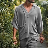 cheap Men&#039;s Tee Sets-Men&#039;s Linen Set Shorts and T Shirt Set 2 Pieces Outfits Short Sleeve Hooded Summer Solid Color Beach Wear Casual 2 Piece Front Pocket Vacation Casual Black Pink White Top Tee for Men