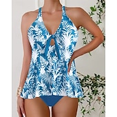 abordables Maillots une pièce et tankinis-Femme Tankini Maillot De Bain Deux Pièces V Profond Maillots de Bain Maillots de Bain Bleu Respirable Séchage rapide Poids Léger Sans Manches - Natation Surf Plage Eté Printemps Grande Taille