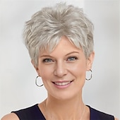 preiswerte ältere Perücke-Synthetische Perücken Locken Pixie-Schnitt Maschinell gefertigt Perücke Kurz A1 Synthetische Haare Damen Weich Modisch Einfach zu tragen Silber