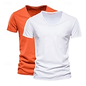 cheap Cotton Linen T-shirts-Men&#039;s T Shirt Tee Top Short Sleeves V Neck Summer Plain Fashion Designer Basic Vacation Street Going out White+Black White and Blue Orange / Green Top Tee for Men