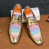 זול נעלי דרבי-נעלי אוקספורד דמוי עור זהב לגברים עם נצנצים קשת בענן ופרטים משובצים - נעלי סטייטמנט למסיבות, חתונות ואירועים מיוחדים