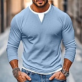 preiswerte Baumwoll-Leinen T-Shirts-Herren Hemd V-Ausschnitt T-Shirt Langarmshirt Langarm V Ausschnitt Frühling &amp; Herbst Einfarbig Patchwork Täglich Lässig Streetstyle Falscher Zweiteiler Outdoor Straße Lässig Dunkelgrau Hellgrün Kaffee