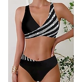 olcso Egy darab és tankinis-Női Tankini Két darab fürdőruha V-nyakú Fürdőruha Csík Fürdőruha Fekete Bor Légáteresztő Gyors szárítás Könnyű Ujjatlan - Úszás Szörfözés Tengerpart Nyár Tavasz