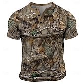 cheap Vintage&amp;Retro-Men&#039;s Leaves Print T Shirt Henley Shirt Short Sleeve Designer Retro Vintage Street Casual Daily Summer Spring Khaki Henley Henley T-Shirt