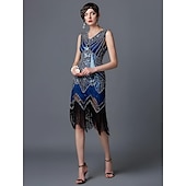 billige 1920-talls kjoler-De livlige 20-årene 1920-tallet Cocktail Kjole Knelengde Flapper kjole Kjoler Drakter Ermeløs Den store Gatsby Charleston Store størrelser Dusk Fjær V-hals Kostyme Dame Karneval Nytt År Maskerade