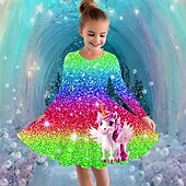 billiga Enhörningsklänning i 3D-Flickor 3D Grafisk Enhörnings Klänning Långärmad Sommar Vår Semester Dagligen Helgdag Prinsessa Skön Ljuv Barn 4-12 år Vardagsklänning A linjeklänning Knälång Normal