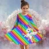 tanie Sukienka 3D Jednorożec-Dziewczyny &#039; 3D Graficzny Jednorożec Sukienka Długi rękaw Lato Wiosna Urlop Codzienny Święto Księżniczka Piękny Słodkie Dzieci 4-12 lat Codzienne sukienki Sukienka A line Do kolan Regularny