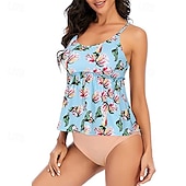 abordables Maillots une pièce et tankinis-Femme Tankini Maillot De Bain Deux Pièces Dos Nu Maillots de Bain Floral Maillots de Bain Bleu Ciel Noir Respirable Séchage rapide Poids Léger Sans Manches - Natation Surf Plage Eté Printemps