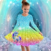 billiga Enhörningsklänning i 3D-Flickor 3D Grafisk Enhörnings Klänning Långärmad Sommar Vår Semester Dagligen Helgdag Prinsessa Skön Ljuv Barn 4-12 år Vardagsklänning A linjeklänning Knälång Normal