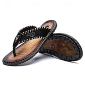 abordables Sandalias de vestir-Chanclas vintage de piel sintética marrón para hombre: sandalias de verano con punta abierta hechas a mano con suela antideslizante para playa, viajes y uso informal