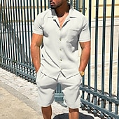 abordables Ensembles de chemises basiques pour hommes-Homme Deux pièces Ensemble Chemise Ensemble été Et Set Uni Quotidien Vacances Sortir Col Manche Courte Pantalon Court Été Mode Occasionnel Confortable Vêtement Tenue