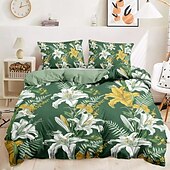 baratos 100% algodão-Conjunto de edredom de 3 peças com estampa de lírio branco, para quarto de hotel, quarto de hóspedes, conjunto confortável, 1 capa de edredom, 2 fronhas