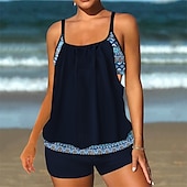 billiga One Pieces &amp; Tankinis-Dam Tankini Tvådelad baddräkt Brottarrygg Badkläder Blommig Badkläder Svart Blå Andningsfunktion Snabb tork Lättvikt Ärmlös - Simmning Surfing Strand Sommar Vår