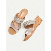 tanie Sandały damskie-eleganckie sandały damskie typu slip-on z błyszczącymi paskami – wygodne sandały na grubym obcasie na imprezy, wesela i specjalne okazje