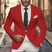billiga Herrars klassiska kavajer-Herr Studenten Kavaj Företag Cocktailfest Bröllopsfest Mode Ledigt Vår &amp; Höst Polyester Ensfärgat Knappar Ficka Bekväm Enkelknäppt Blazer Rubinrött