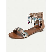 economico Sandali Piani-sandali da donna con cinturino alla caviglia e perline in stile bohémien – scarpe estive basse con stampa tribale per uscite casual in spiaggia