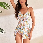 abordables Maillots une pièce et tankinis-Femme Maillot de bain 1 pièce V Profond Maillots de Bain Floral Maillots de Bain Jaune Bleu Respirable Séchage rapide Poids Léger Sans Manches - Natation Surf Plage Eté Printemps