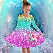 billiga Enhörningsklänning i 3D-Flickor 3D Grafisk Enhörnings Klänning Långärmad Sommar Vår Semester Dagligen Helgdag Prinsessa Skön Ljuv Barn 4-12 år Vardagsklänning A linjeklänning Knälång Normal