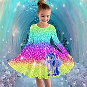 billiga Enhörningsklänning i 3D-Flickor 3D Grafisk Enhörnings Klänning Långärmad Sommar Vår Semester Dagligen Helgdag Prinsessa Skön Ljuv Barn 4-12 år Vardagsklänning A linjeklänning Knälång Normal