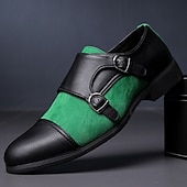 cheap Formal-Men&#039;s Green and Black Suede Double Monk Strap Shoes – Stylish Faux Leather Formal Dress Shoes for Weddings and Business Occasions