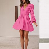 ieftine Rochie neagră casual-Pentru femei Rochie Mini Rochie casual Rochie A line Stilat Casual Vacanță Zilnic Dată Fit regulat Simplu Manșon Lung În V Negru Roz Îmbujorat Albastru piscină Portocaliu Vară