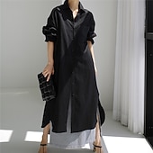 preiswerte Kleider-Damen Langes Kleid Maxikleid Leinen-inspirierte Kleider Hemdblusenkleid Freizeitkleid Baumwoll-Leinenkleid Stilvoll Lässig Urlaub Täglich Date Normale Passform Einfach Langarm Revers Schwarz