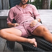 cheap Men&#039;s Tee Sets-Men&#039;s Linen Set Shorts and T Shirt Set 2 Pieces Outfits Short Sleeve Hooded Summer Solid Color Beach Wear Casual 2 Piece Front Pocket Vacation Casual Black Pink White Top Tee for Men