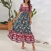 olcso Bohém ruhák-Női Hosszú ruha Maxi ruha hétköznapi ruha A vonalú ruha nyári ruha Boho ruha Elegáns Stílusos Etno Vakáció Napi Randi Normál Virágos Rövid ujjú Aszimmetrikus Világoszöld Rubin Medence Lóhere Nyár